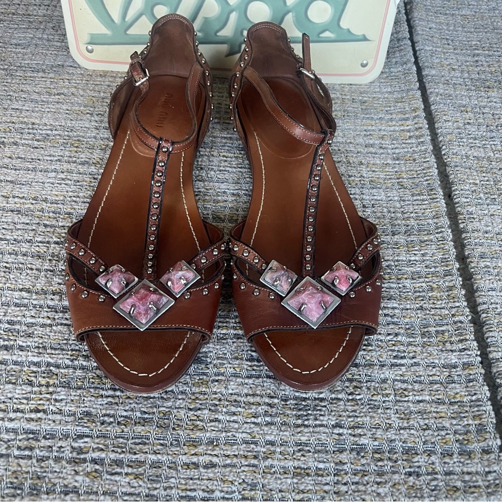 Miu Miu Bejeweled T-Strap Brown Leather Sandals - Picture 8 of 11